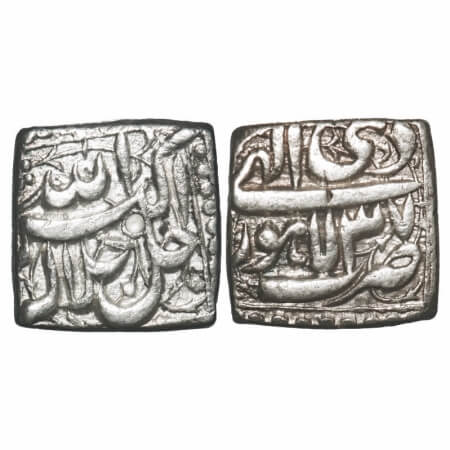 Akbar, Silver Square Rupee, 11.27g, Lahore Mint, Ilahi Type, 'Di'/ Year 37, Obv: Allah uh 