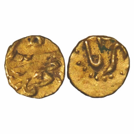 Muhammad Shah, Gold ½ Fanam, 0.19, Kharpa Mint. KM C440.1 unlisted weight type. Very Fine+