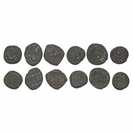 Mysore, Copper 1/2 Kasu (6 Coins), Numerals 1, 3, 4, 6, 23. KM 164 types. Fine to About Ve