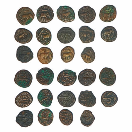 Mysore, Copper (14 Coins), Tipu Sultan, Patan Mint, 1/4 Paisa (13), & 1/8 Paisa (1) . KM 1