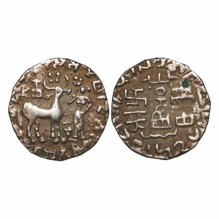 Kunindas, Amoghabhuti (c. 200 BC), Silver Drachma, 2.16g, 17.90x17.55mm, Trident between d