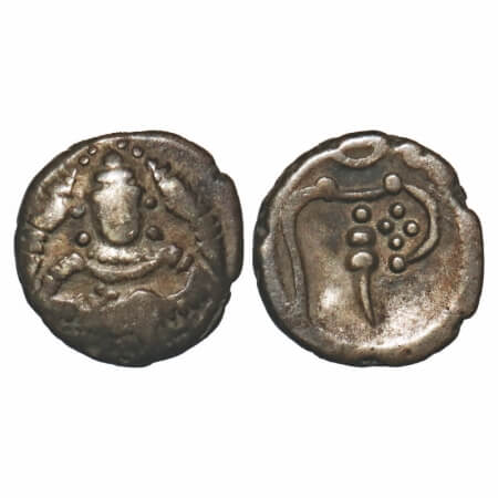 Cochin, Silver Puttun, 0.50g, British Proctectorate issue, Obv: Siva seated, Rev: Conch sh