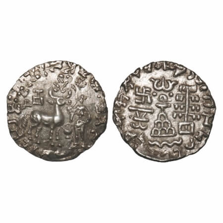 Kunindas, Amoghabhuti (c. 200BC), Silver Drachama, 2.22g, 18.34x18.24mm, Obv: Deer standin