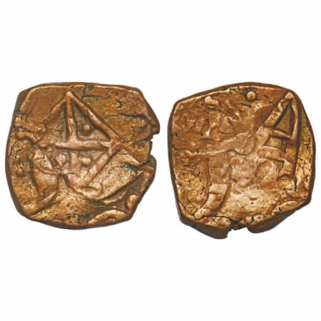 Dhar, Copper Paisa, 11.46g, over struck type, Obv: Geometricaly designed box (may be Fire 