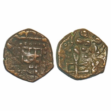 Dhar, Copper Paisa, 11.59g, over struck type, Obv: Geometricaly designed box (may be Chess