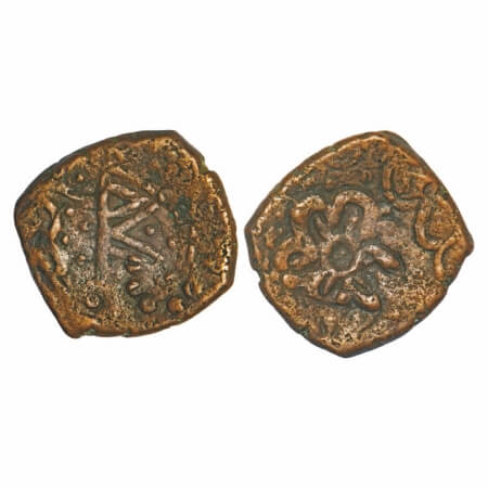 Dhar, Copper Paisa, 11.79g, Over struck type, Obv: double Pataka with dots all over and pa