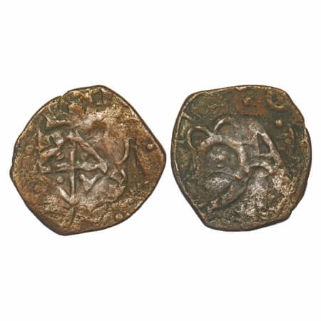 Dhar, Copper Paisa, 8.37g, over struck type, Obv: Geometricaly designed box (may be Fire A