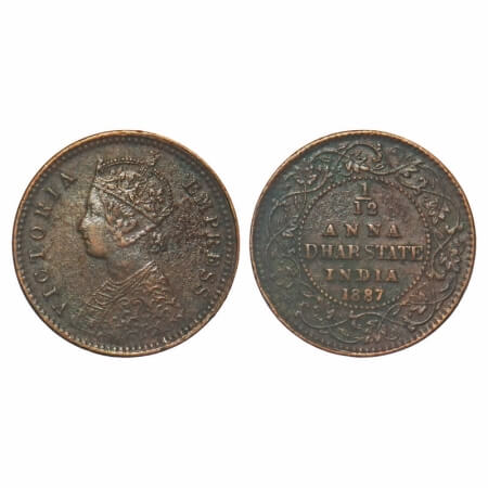 Dhar, Copper 1/12 Anna, 2.11g, Anand Rao III, 1887 AD, bust of Victoria Empress on obv. KM