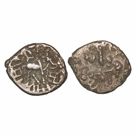 Yaudheyas (c. 200 BC), Copper Karshapana, 3.86g, 18.29x22.25, Obv: Sacrificial Bull tied t
