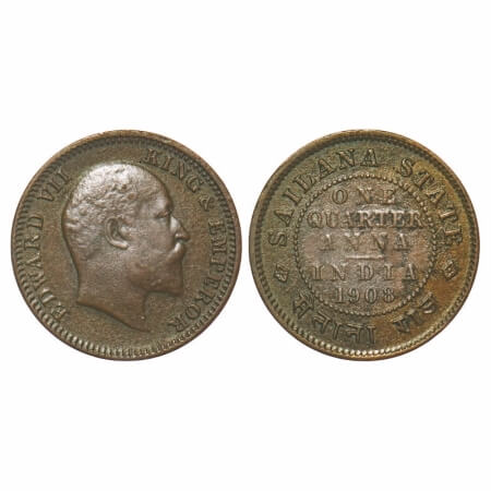 Sailana, Copper 1/4 Anna, 4.72g, Jaswant Singh (1890-1919 AD), 1908 AD, bust of Edward VII