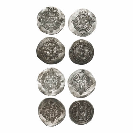 Sassanian Empire (c. 3-5th Cent. AD), Silver Drachm (4 coins), Obv: Crowned and diademed b