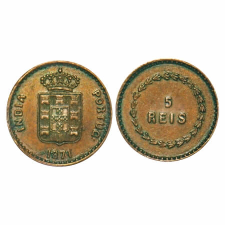 Indo Pourtuguese, Copper, 5 Reis, 3.19g, D. Luis (1861-1889 AD), 1871 AD, Goa issue, Coat 