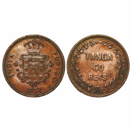 Indo Portuguese, Copper 60 Reis, 38.30g, D Luis (1861-1889 AD), 1871 AD, Goa issue, Coat o