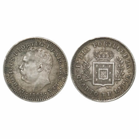 Indo Portuguese, Silver 1/4 Rupee, 2.92g, D. Luis, 1881 AD. A.Gomes (page 602) 12.01 / KM