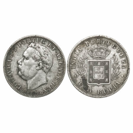 Indo Portuguese, Silver Rupia, 11.57g, D Luis, 1882 AD, Goa issue, date, Bust to left on o