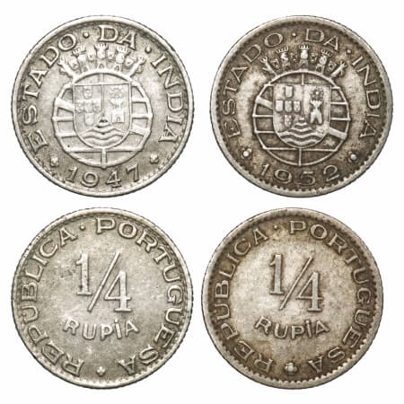 Indo Portuguese, Cu-Ni (2 coins), 1/4 Rupia, Republic, 1947 & 1952. A.Gomes (page 605) 06.