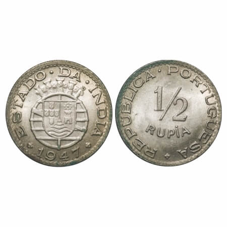 Indo Portuguese, Cu-Ni, 1/2 Rupia, 5.35g, Republic, 1947. A.Gomes (page 605) 08.01 / KM 26