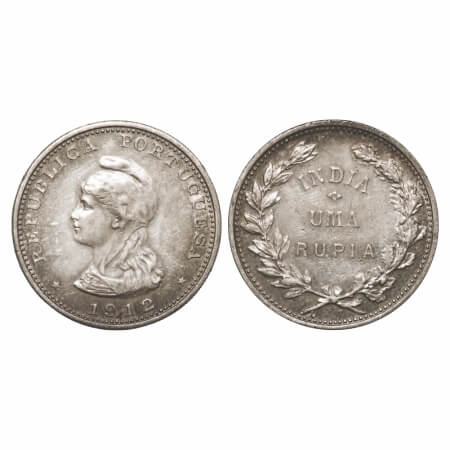 Indo Portuguese, Silver Rupia, 11.65g, Republic (1910-1961 AD), 1912 (overstruck 2 over 1 