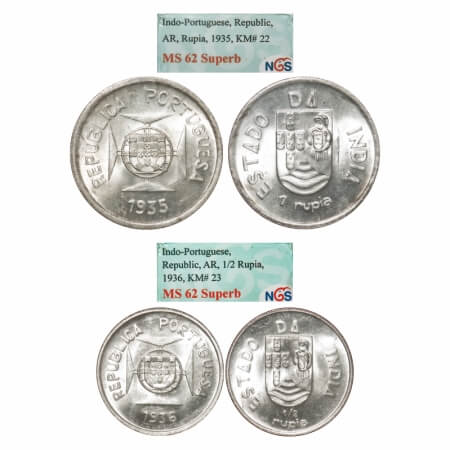 Indo Portuguese, Silver Rupee & ½ (2 coins), Republic (1910-1961 AD), 1935, 1936 AD. A.Gom