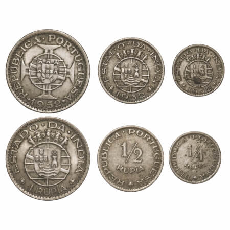 Indo Portuguese, Cu-Ni (3 coins), Rupia, 1/2 & 1/4 Rupia, Republic, 1952. A.Gomes (page 60