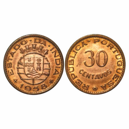 Indo Pourtuguese, Bronze, 3.98g, 30 Centavos, Republic, 1958 AD. A.Gomes (page 606) 14.01 
