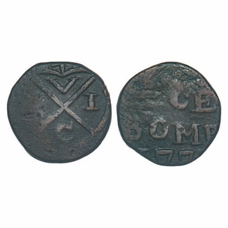 Bombay Presidency, Copper Pice, 4.84g, (17)73 AD. Obv: Bale Mark, 4 above with V E C I in 