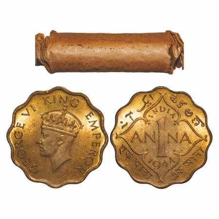 George VI, Brass-Nickel, 1 Anna, 1944, (Roll of 40 coins), Calcutta Mint, No dot, Head Typ
