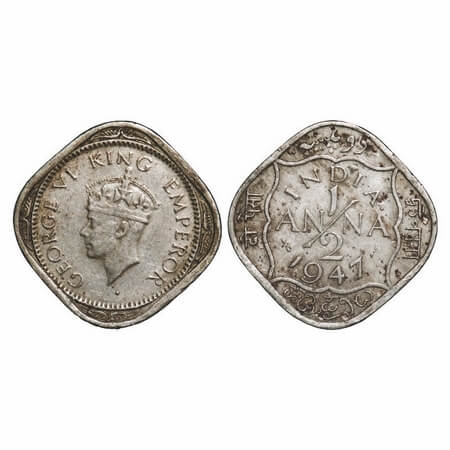 George VI, Nickel-Brass, 1/2 Anna, 1947, Bombay Mint, Dots by India, Dash-dot-dash, Tiny D