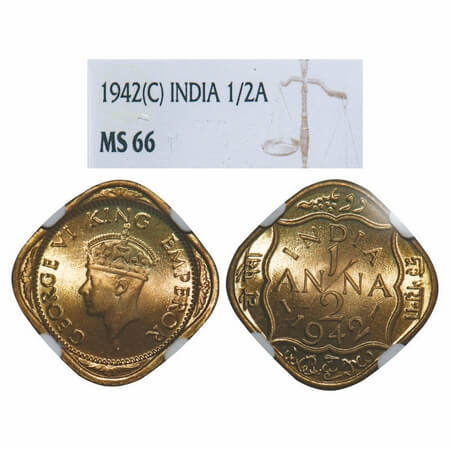 George VI, Nickel-Brass, 1/2 Anna, 1942, Bombay Mint, No dots by India, Dashes by year. GK
