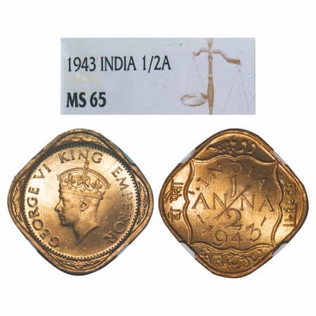 George VI, Nickel-Brass, 1/2 Anna, 1943, Calcutta Mint, Dots by India, Dashes by year. F. 