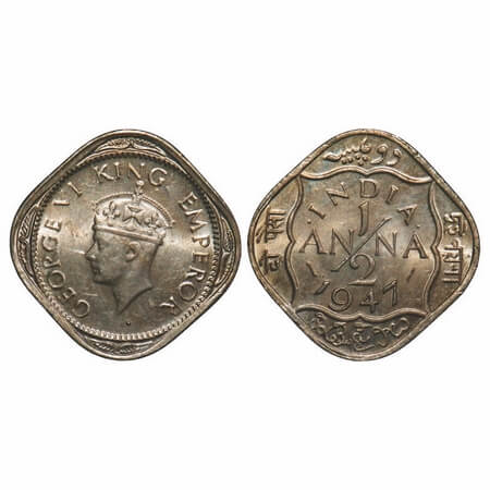 George VI, Copper-Nickel, 1/2 Anna, 1947, Calcutta Mint, Dots by India, Dashes by year. F.