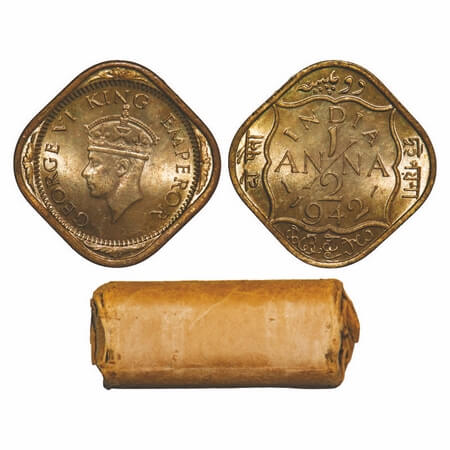 George VI, Brass-Nickel, 1/2 Anna, 1942, (Roll of 24 coins), Bombay Mint, No dots by India