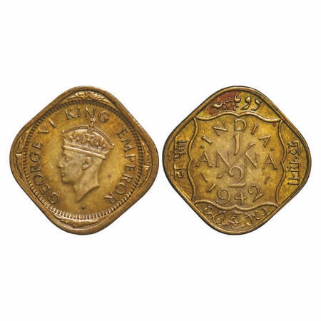 George VI, Brass-Nickel, 1/2 Anna, 1942, Bombay Mint, Dots by India, Dashes by year, Tiny 