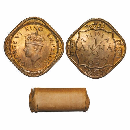 George VI, Brass-Nickel, 1/2 Anna, 1943, (Roll of 24 coins), Calcutta Mint, Dots by India,
