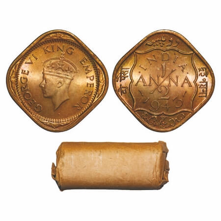 George VI, Brass-Nickel, 1/2 Anna, 1943, (Roll of 24 coins), Calcutta Mint, Dots by India,