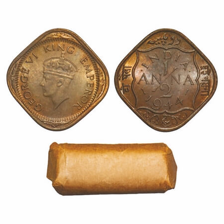 George VI, Brass-Nickel, 1/2 Anna, 1944, (Roll of 24 coins), Calcutta Mint, Dots by India,
