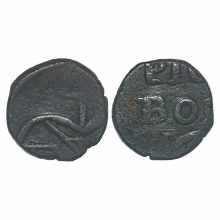 Bombay Presidency, Copper Pice, 5.01g, (1773) AD.error die shifted, Obv: Bale Mark, 4 abov