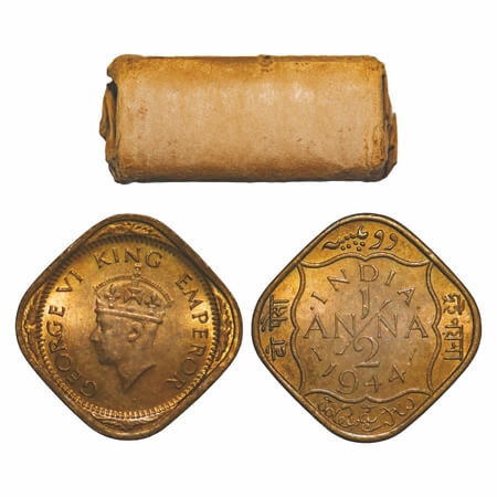 George VI, Brass-Nickel, 1/2 Anna, 1944, (Roll of 24 coins), Calcutta Mint, Dots by India,