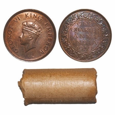 George VI, Bronze, Quarter Anna, 1939, (Roll of 32 coins), Bombay Mint, Dot, Head Type I. 