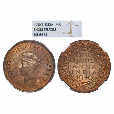 George VI, Bronze, Quarter Anna, 1940, Bombay Mint, Dot, Head Type I, (Long trefoils inste