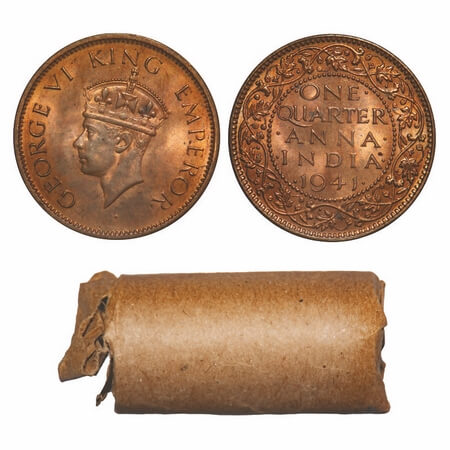 George VI, Bronze, Quarter Anna, 1941, (Roll of 32 coins), Calcutta Mint, No dot, Head Typ