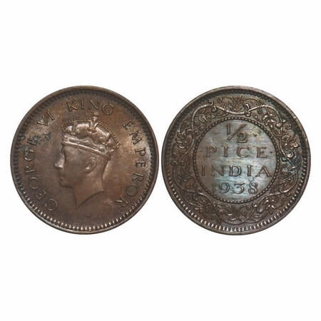 George VI, Bronze, 1/2 Pice, 1938, Calcutta Mint, No dot, Head type I. F. Prid Unlisted. G