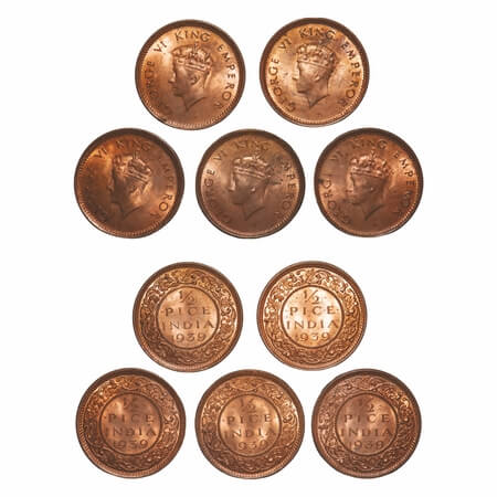 George VI, Bronze, 1/2 Pice, 1939, (5 coins), Bombay Mint, Dot, Head Type I. F. Prid 773. 
