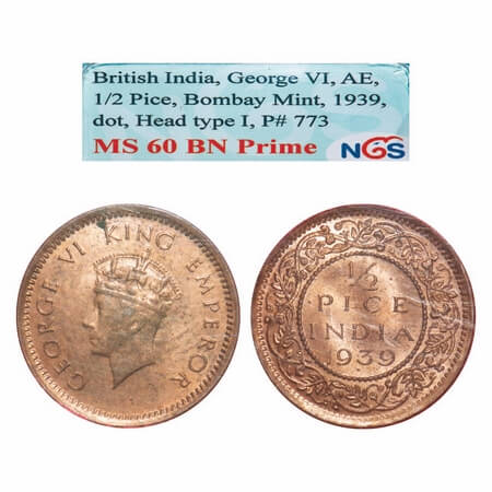 George VI, Bronze, 1/2 Pice, 1939, Bombay Mint, Dot, Head Type I. F. Prid 773. GK 1450. NG