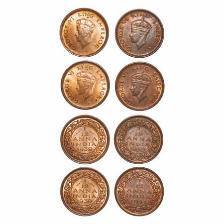 George VI, Bronze, 1/12 Anna, (4 coins), Bombay Mint, 1 & 2) 1939, Head Type I, Dot, 3) 19