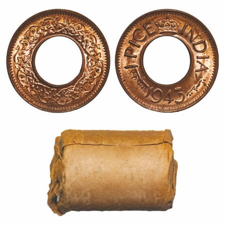 George VI, Bronze, 1 Pice, 1943, (Roll of 24 coins), Pretoria Mint, High Crown, Small dot.
