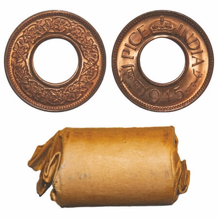 George VI, Bronze, 1 Pice, 1945, (Roll of 24 coins), Calcutta Mint, Flat Crown, No mint ma