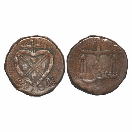 Bombay Presidency, Copper 2 Pice, 22.29g, (1802-1829 AD issue). (18)04 AD, Obv: Bale mark,