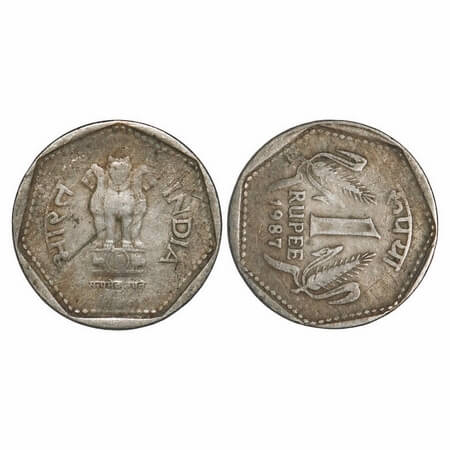 1 Rupee, Cu-Nic, 1987, Calcutta mint, with error reverse 3 o'clock. Very Fine, Scarce.