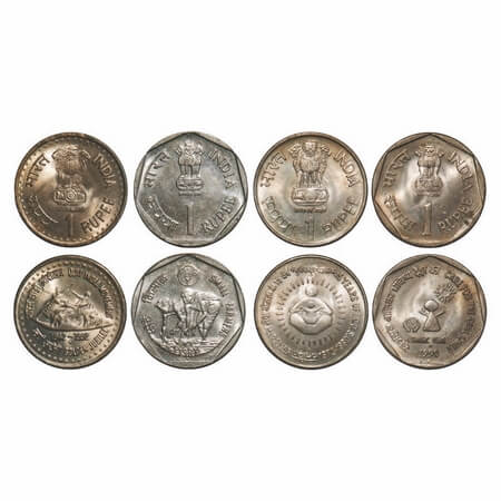 1 Rupee, (4 Coins) Cu-Ni, Bombay Mint, 1) 1987, Small Farmers, 2) 1990 Care for The Girl C
